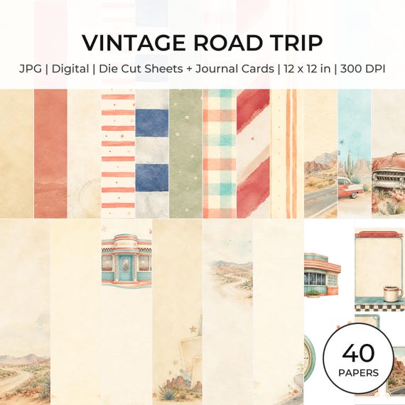 Vintage Road Trip Scrapbook Paper Bundle, USA Americana Watercolor Designs (Digital Download)