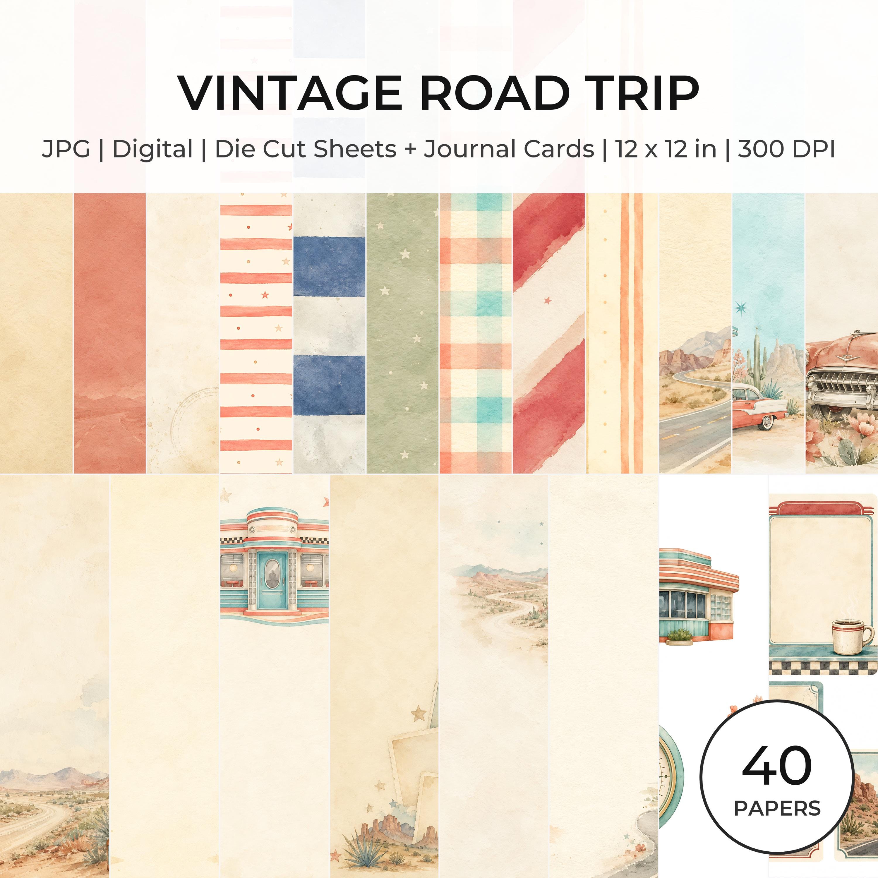 Vintage Road Trip Scrapbook Paper Bundle, USA Americana Watercolor Designs (Digital Download) actual digital paper preview