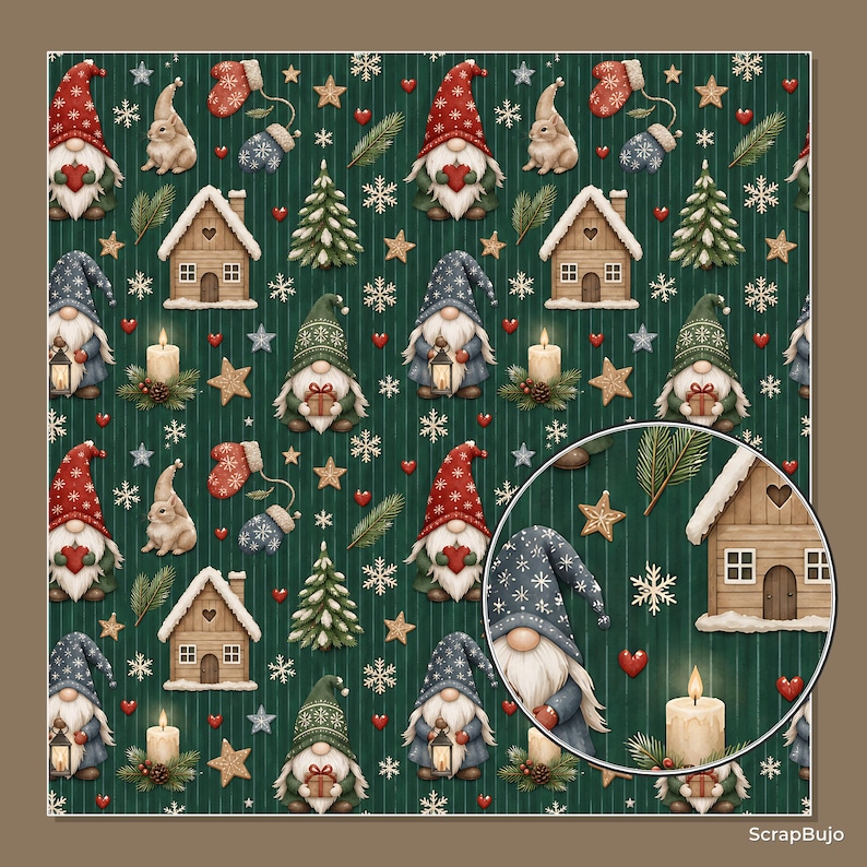 Puede incluir: Un patr&oacute;n repetitivo sobre fondo verde oscuro con gnomos de gorros rojos y azules, caba&ntilde;as de madera con techos nevados, conejos, manoplas, pinos, velas encendidas, estrellas, copos de nieve y corazones rojos, con un detalle circular ampliado.