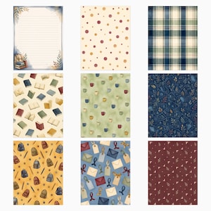 May include: A collection of nine rectangular stationery sheets featuring various patterns including lined paper with books, polka dots, plaid, open books, coffee mugs, a dark blue map, backpacks with stars, envelopes with tags, and leaves.
