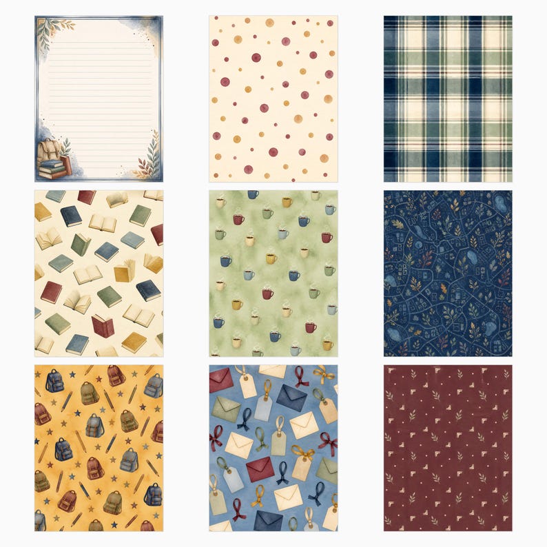 May include: A collection of nine rectangular stationery sheets featuring various patterns including lined paper with books, polka dots, plaid, open books, coffee mugs, a dark blue map, backpacks with stars, envelopes with tags, and leaves.