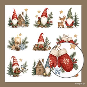 Puede incluir: Una colecci&oacute;n de ilustraciones navide&ntilde;as en acuarela que muestran gnomos con gorros rojos y verdes, peque&ntilde;as casas de madera, un ciervo, una vela, un petirrojo y un par de manoplas de punto rojas con copos de nieve, decoradas con ramas de pino.