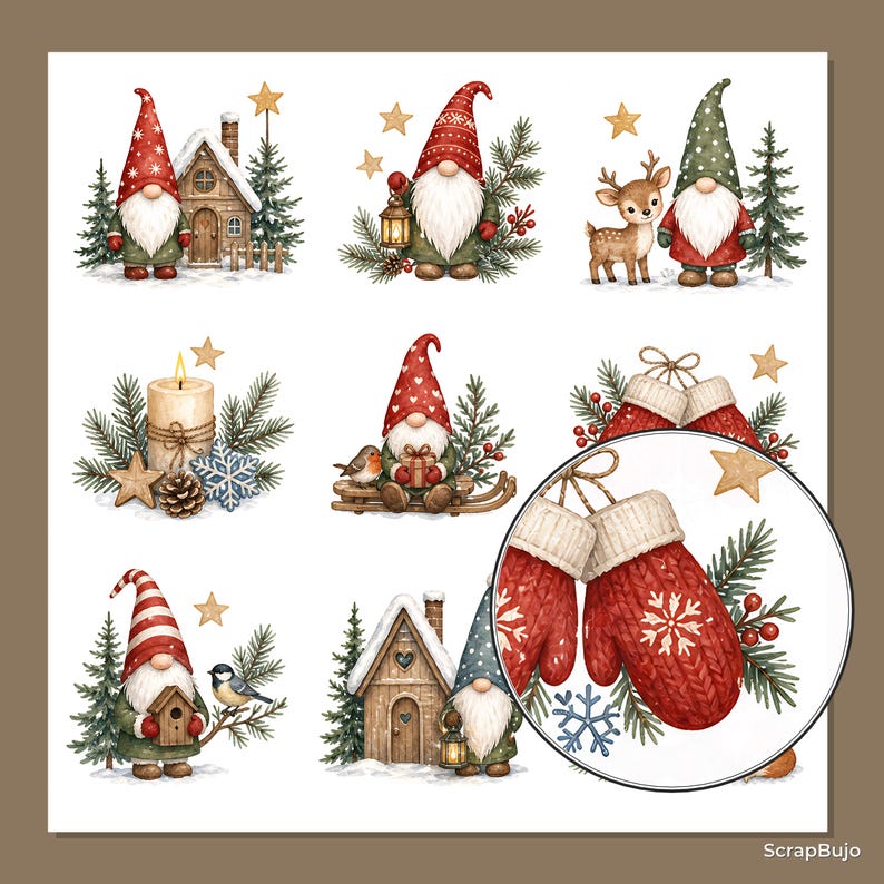 Puede incluir: Una colecci&oacute;n de ilustraciones navide&ntilde;as en acuarela que muestran gnomos con gorros rojos y verdes, peque&ntilde;as casas de madera, un ciervo, una vela, un petirrojo y un par de manoplas de punto rojas con copos de nieve, decoradas con ramas de pino.