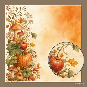 May include: A square digital illustration featuring a vertical arrangement of autumn elements including a large orange pumpkin, red apples, brown mushrooms, and fall foliage on a cream background. A circular inset shows a magnified view of an apple.