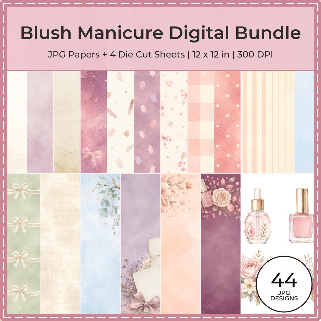 Blush Manicure Digital Scrapbook Bundle, Watercolor Nail Salon Papers (Digital Download)