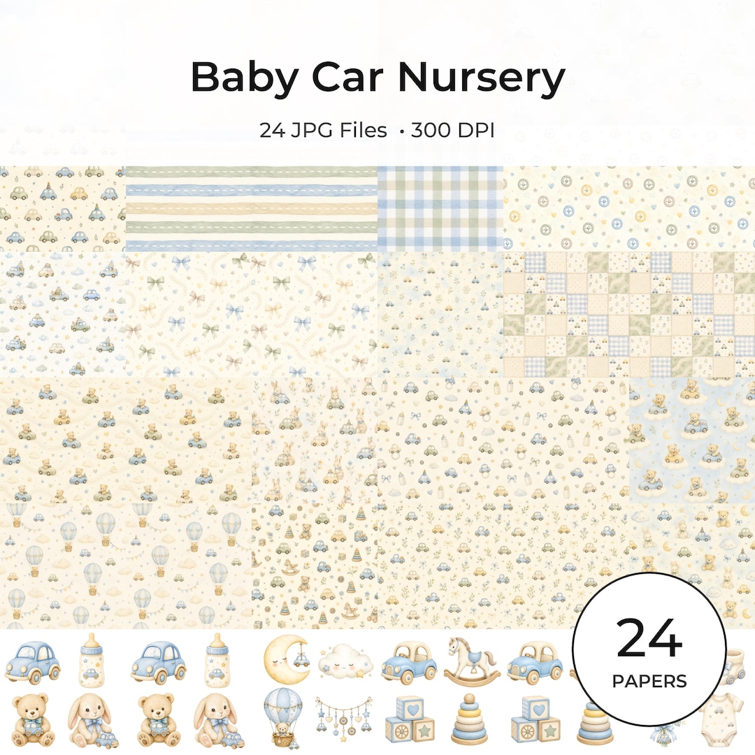 Watercolor Baby Car Nursery Digital Paper Pack, Toy Cars, Teddy Bears, Bunnies (Digital Download)