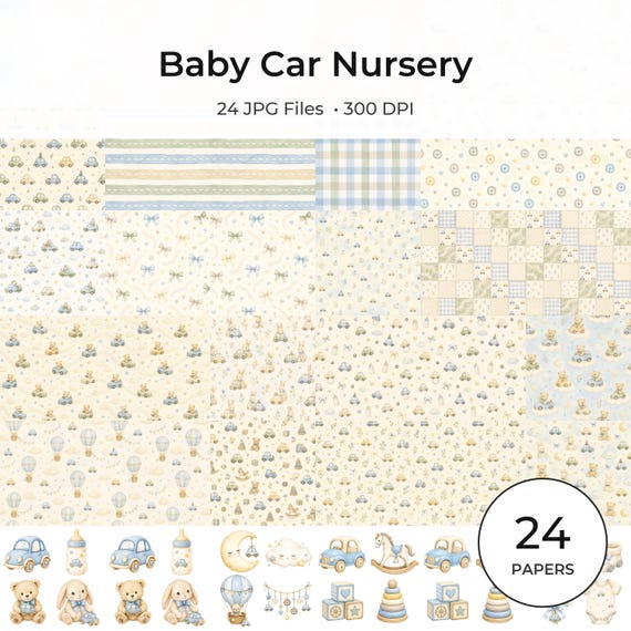 Watercolor Baby Car Nursery Digital Paper Pack, Toy Cars, Teddy Bears, Bunnies (Digital Download)