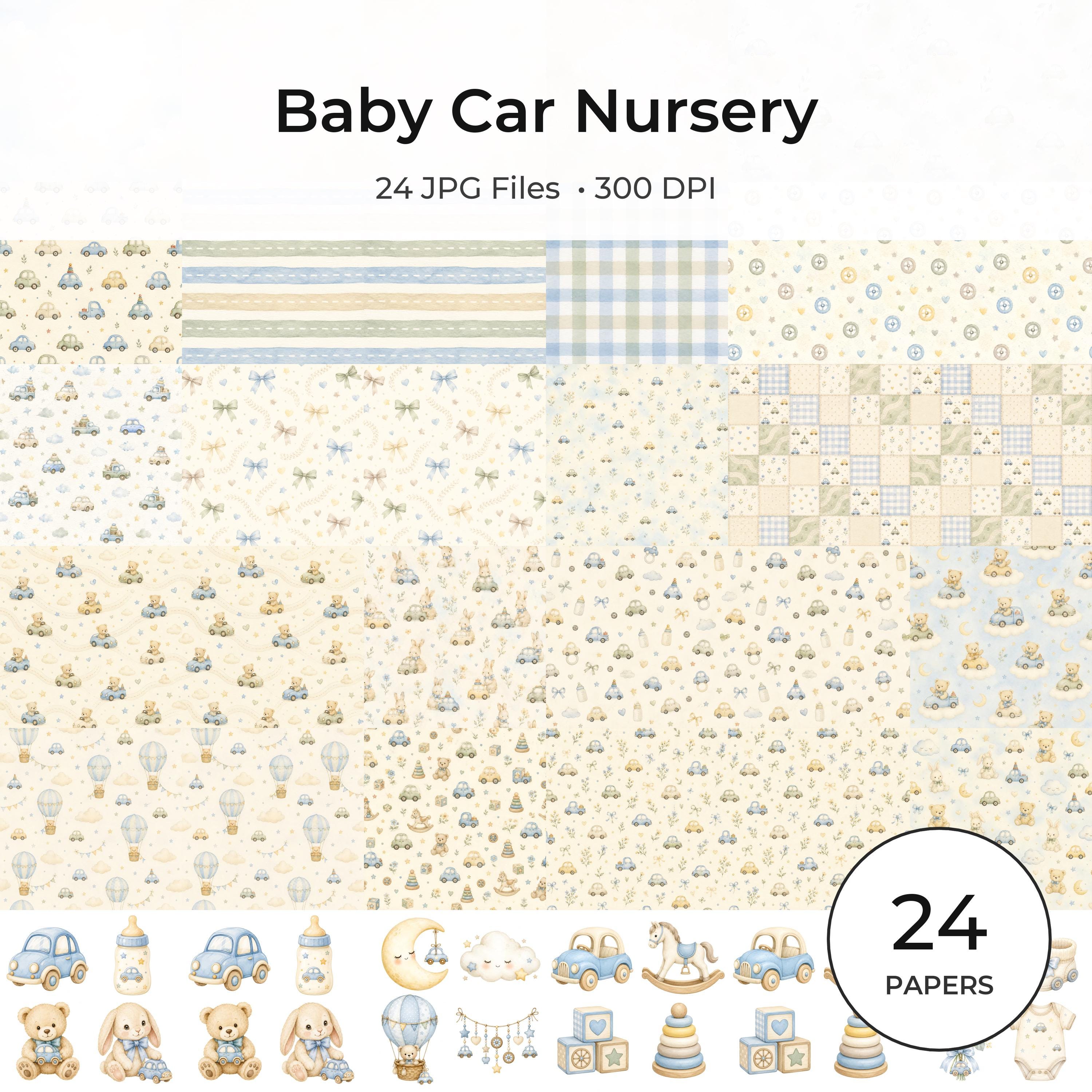 Watercolor Baby Car Nursery Digital Paper Pack, Toy Cars, Teddy Bears, Bunnies (Digital Download) paper preview 1