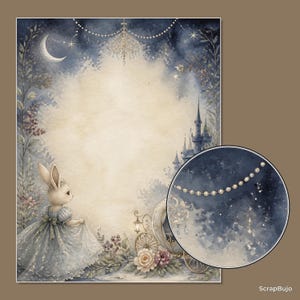 Peut inclure: Une feuille de papier rectangulaire avec une illustration &agrave; l'aquarelle repr&eacute;sentant un lapin en robe bleue, un ch&acirc;teau, une cal&egrave;che et un croissant de lune sur un ciel bleu fonc&eacute;. Un encart circulaire montre un collier de perles et une texture.