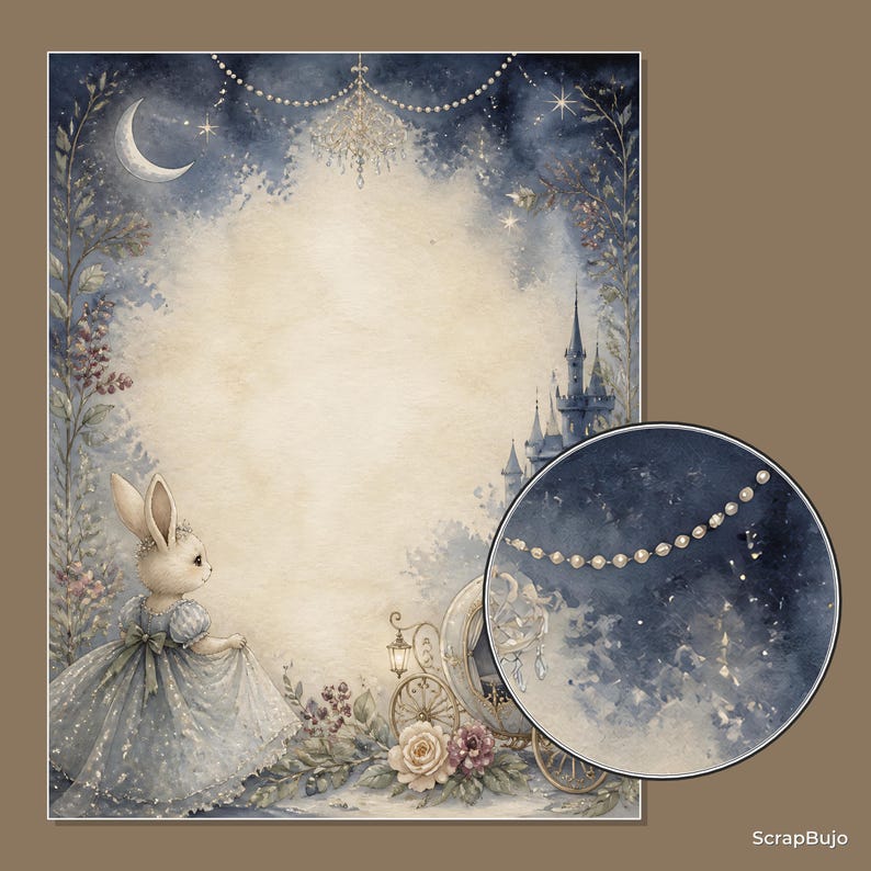 Peut inclure: Une feuille de papier rectangulaire avec une illustration &agrave; l'aquarelle repr&eacute;sentant un lapin en robe bleue, un ch&acirc;teau, une cal&egrave;che et un croissant de lune sur un ciel bleu fonc&eacute;. Un encart circulaire montre un collier de perles et une texture.