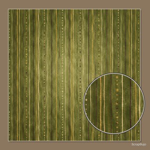 May include: A square sheet of green paper featuring a vertical pattern of thin stripes in shades of dark brown, cream, and gold, interspersed with small dots. A circular inset in the bottom right corner provides a magnified view of the design.