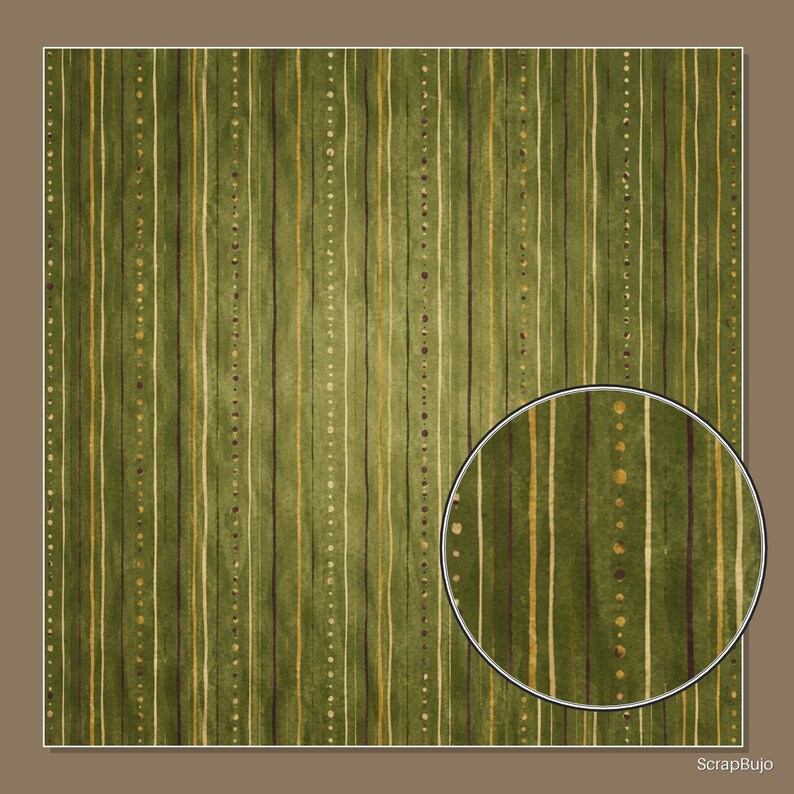May include: A square sheet of green paper featuring a vertical pattern of thin stripes in shades of dark brown, cream, and gold, interspersed with small dots. A circular inset in the bottom right corner provides a magnified view of the design.