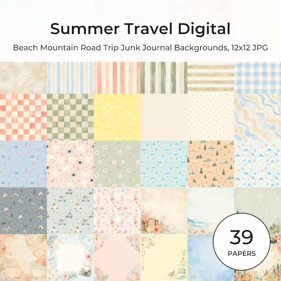 Summer Travel Digital Paper Pack, Watercolor Beach Mountain Road Trip Backgrounds (Digital Download)