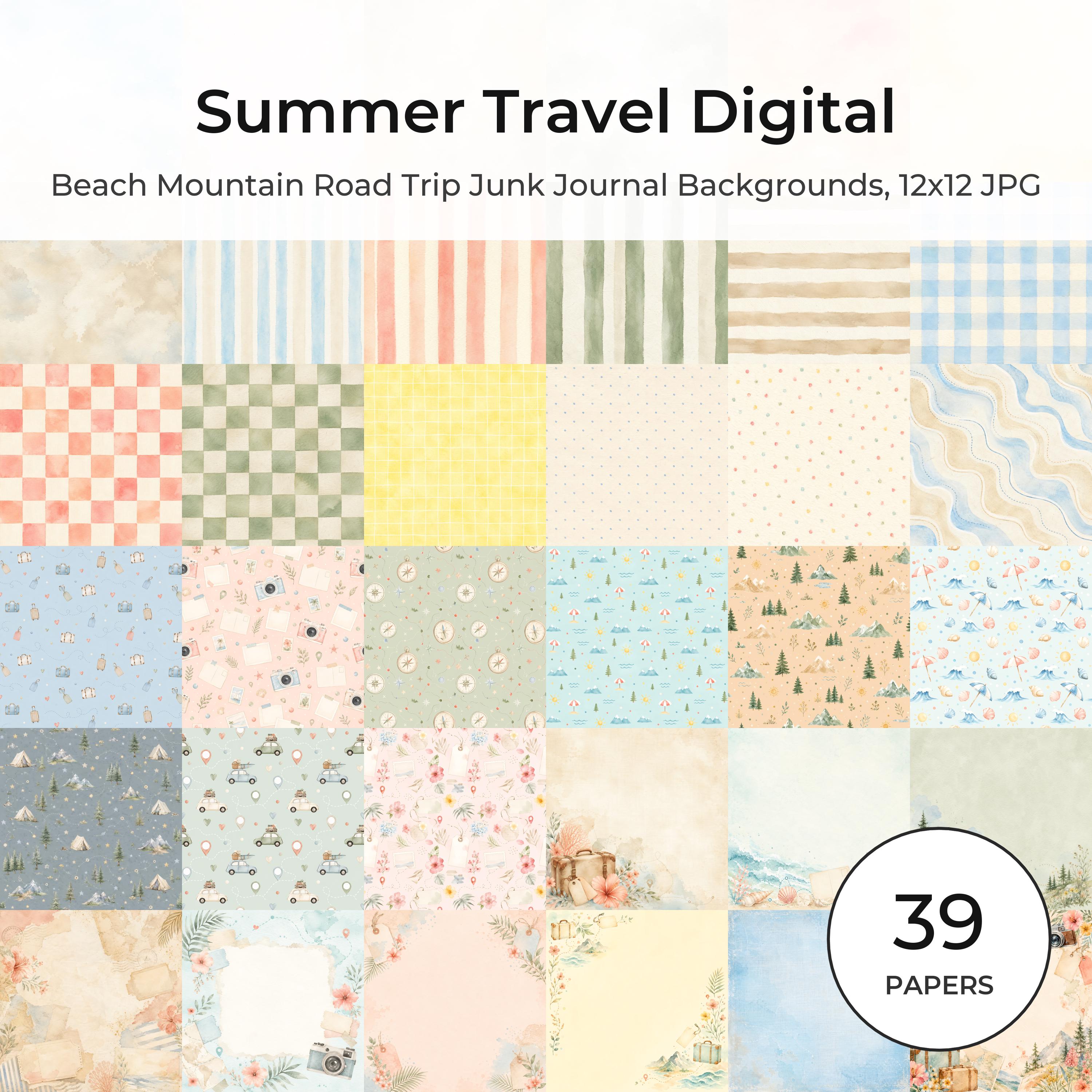 Summer Travel Digital Paper Pack, Watercolor Beach Mountain Road Trip Backgrounds (Digital Download) actual digital paper preview