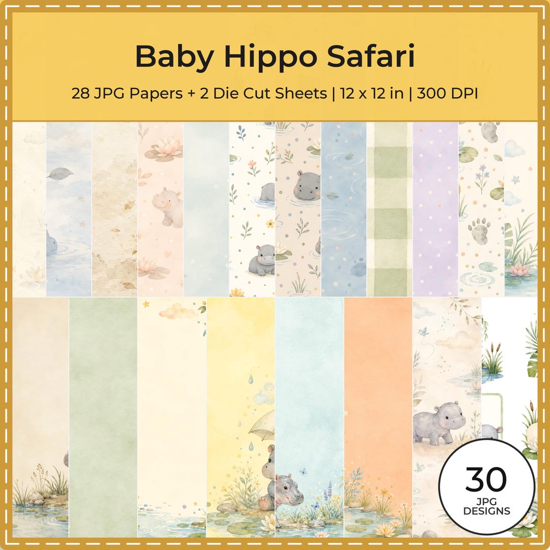 Baby Hippo Safari Watercolor Papers, Nursery Scrapbook Bundle (Digital Download)
