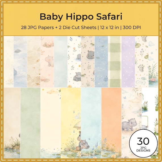 Baby Hippo Safari Watercolor Papers, Nursery Scrapbook Bundle (Digital Download)