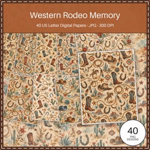 Puede incluir: Una colección de 40 papeles digitales titulada Western Rodeo Memory, con patrones de botas vaqueras, herraduras, lazos, cactus y calaveras sobre un fondo beige. El texto dice Western Rodeo Memory, 40 US Letter Digital Papers, JPG, 300 DPI.