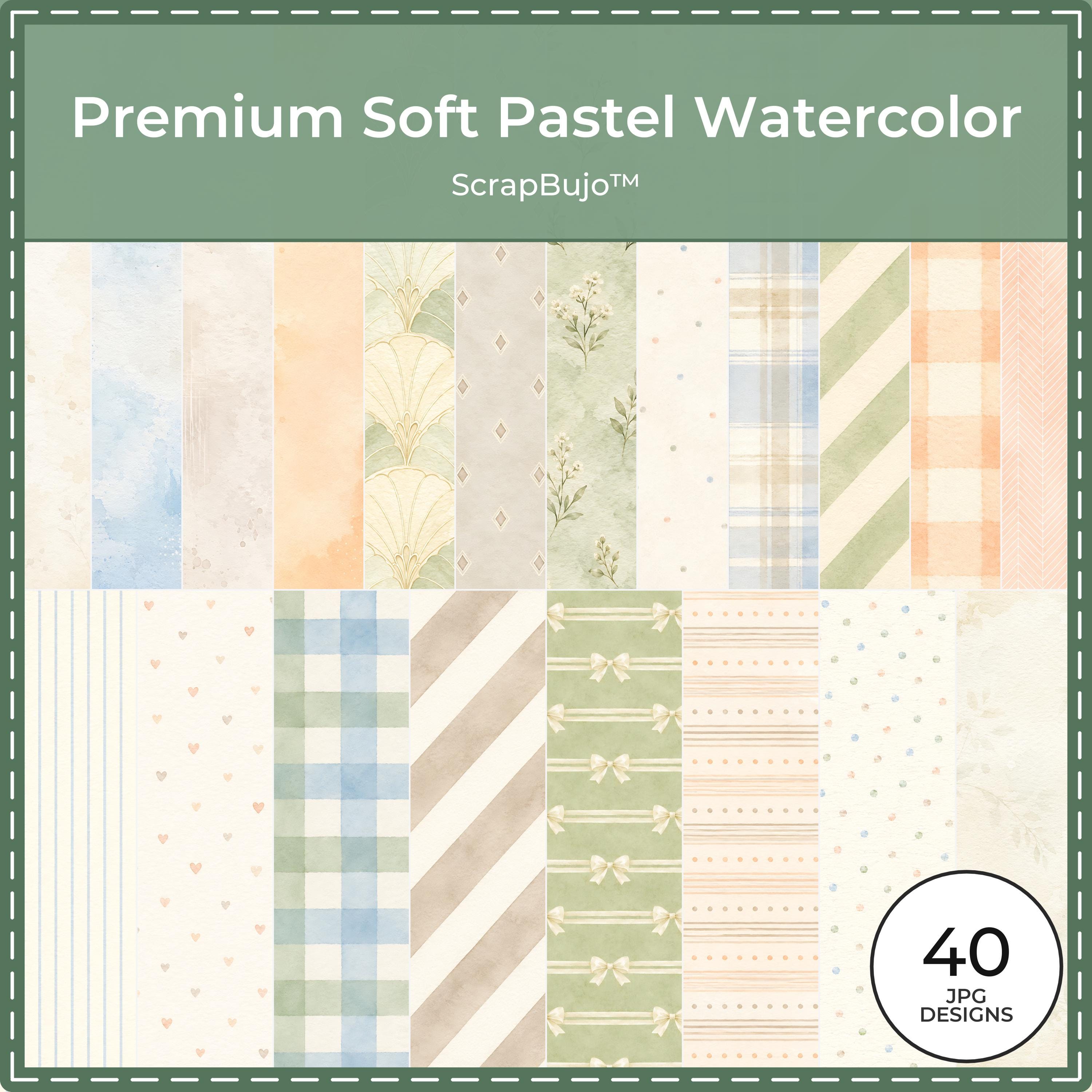 Soft Pastel Watercolor Digital Paper Bundle, 40 Sage Peach Blue Patterns (Digital Download) paper preview 1