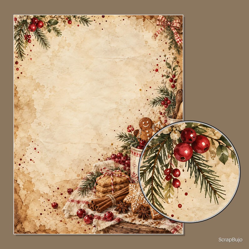 Puede incluir: Una hoja rectangular de papel envejecido y manchado con un borde tem&aacute;tico navide&ntilde;o de ramas de pino, bayas rojas, ramas de canela, galletas de jengibre y una cinta a cuadros roja y blanca. Un recuadro circular muestra las bayas.