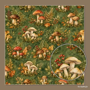 May include: A fabric pattern featuring a dark green background with illustrations of various mushrooms, ferns, and red berries. A circular inset highlights a detailed cluster of mushrooms with visible gills and stems. The text ScrapBujo is visible.
