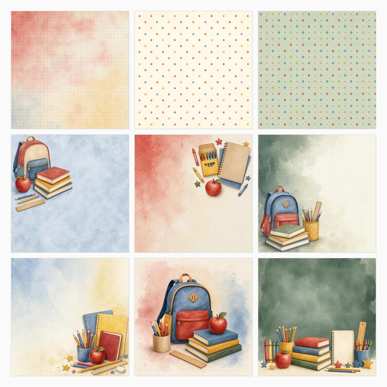 Op de afbeelding: Een verzameling van negen digitaal scrapbookpapier met illustraties in schoolthema. De ontwerpen bevatten aquareltexturen, stippen- en ruitpatronen, samen met rugzakken, stapels boeken, rode appels, potloden en linialen.