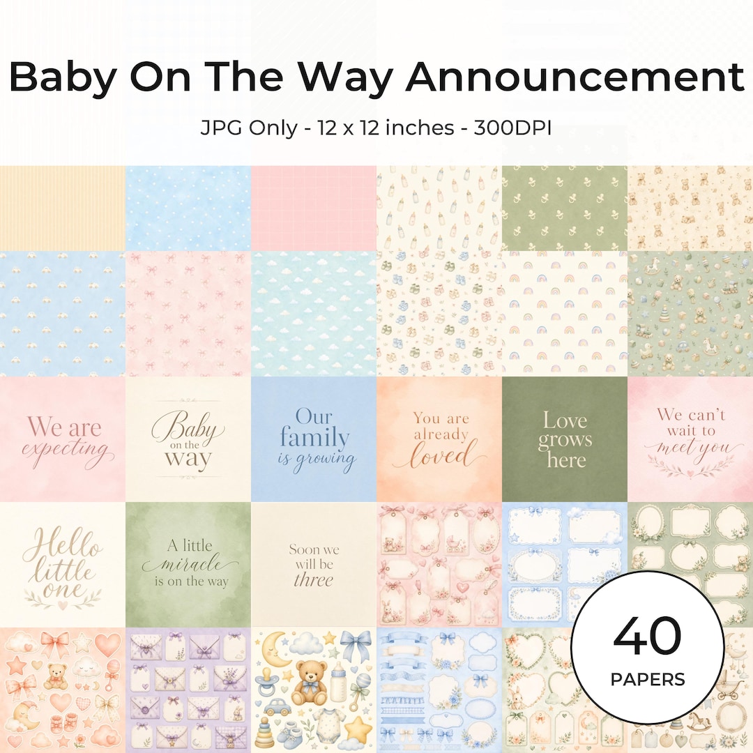 Baby On The Way Announcement Papers | Soft Neutral Patterns, Baby Icons (JPG Bundle)
