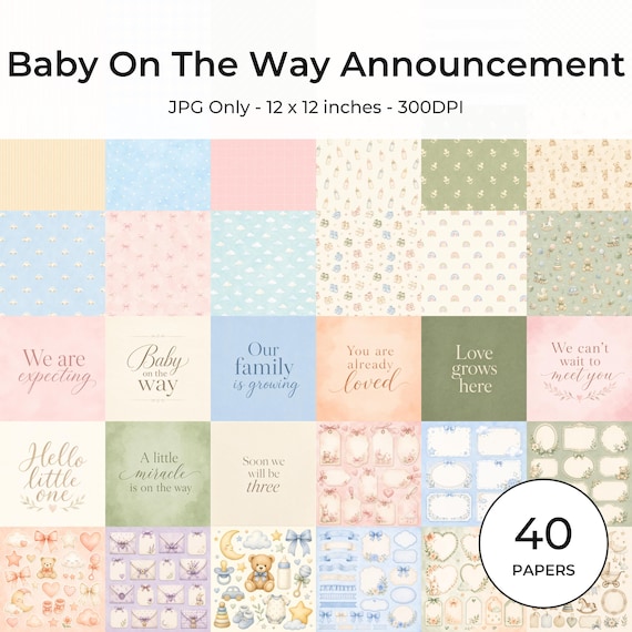 Baby On The Way Announcement Papers | Soft Neutral Patterns, Baby Icons (JPG Bundle)