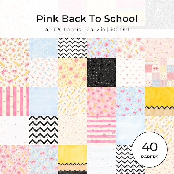 Pink Back To School Digital Paper Pack, Kawaii Classroom Patterns, Bows, Pencils (Digital Download)