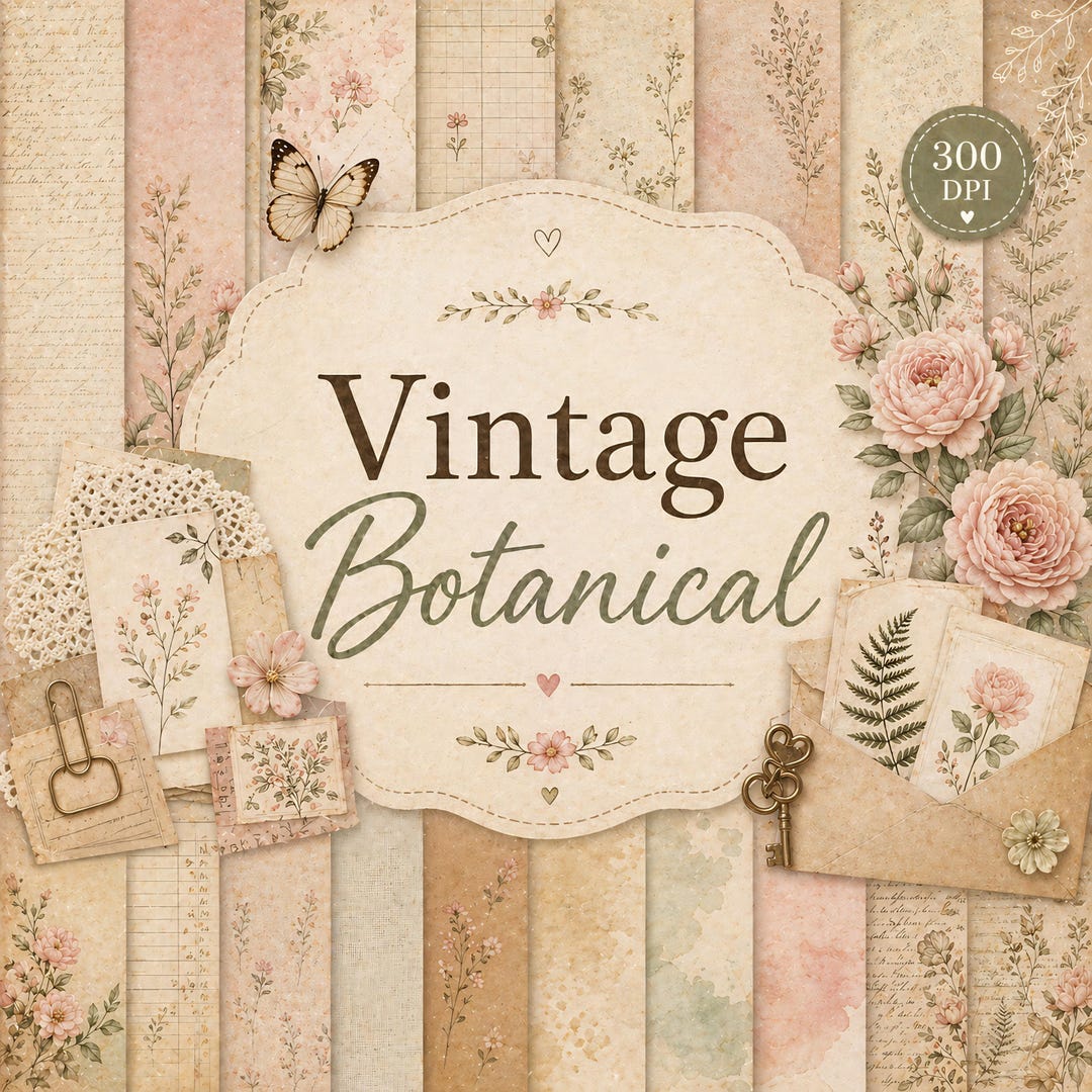 Vintage Botanical Digital Paper Pack | Soft Floral Scrapbook Journal Backgrounds (PDF)