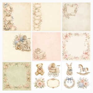 French Heirloom Nursery Digital Scrapbook Bundle, Watercolor Papers, Die Cuts (Digital Download) preview 5