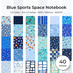 May include: A digital collection of 40 Blue Sports Space Notebook papers featuring various patterns of sports equipment, rockets, planets, and stars. The text reads Blue Sports Space Notebook, US Letter - 8.5 x 11 inches - 2550 x 3300 px - 300DPI.