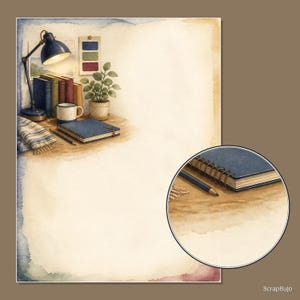 May include: A stationery sheet featuring a watercolor illustration of a desk with a blue lamp, a stack of books, a potted plant, a mug, a striped cloth, and a spiral-bound notebook. A circular inset shows a magnified view of the notebook and pencil.