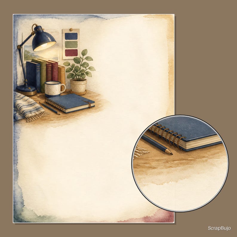 May include: A stationery sheet featuring a watercolor illustration of a desk with a blue lamp, a stack of books, a potted plant, a mug, a striped cloth, and a spiral-bound notebook. A circular inset shows a magnified view of the notebook and pencil.