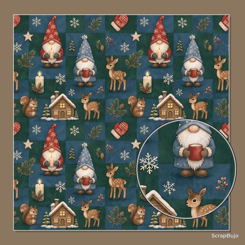 Puede incluir: Una tela con patr&oacute;n repetitivo que presenta gnomos navide&ntilde;os con gorros rojos y azules, ciervos, ardillas, peque&ntilde;as casas de madera, velas encendidas, copos de nieve y manoplas rojas sobre un fondo de cuadros azul oscuro y verde con un detalle de zoom circular.