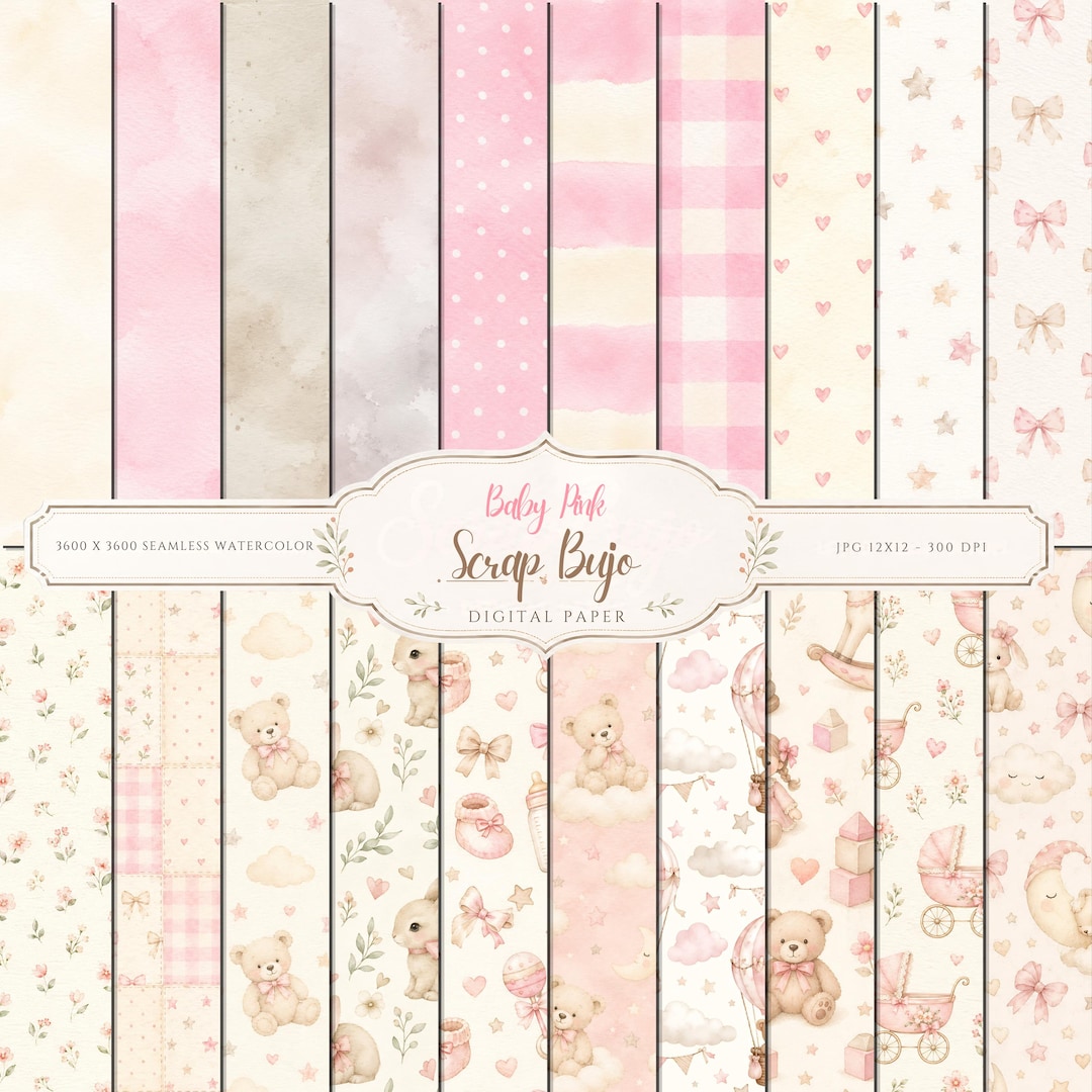 Baby Pink Watercolor Nursery Digital Paper Pack, Scrapbook Journal Kit (Digital Download)