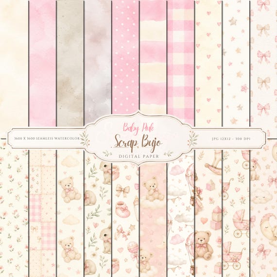 Baby Pink Watercolor Nursery Digital Paper Pack, Scrapbook Journal Kit (Digital Download)