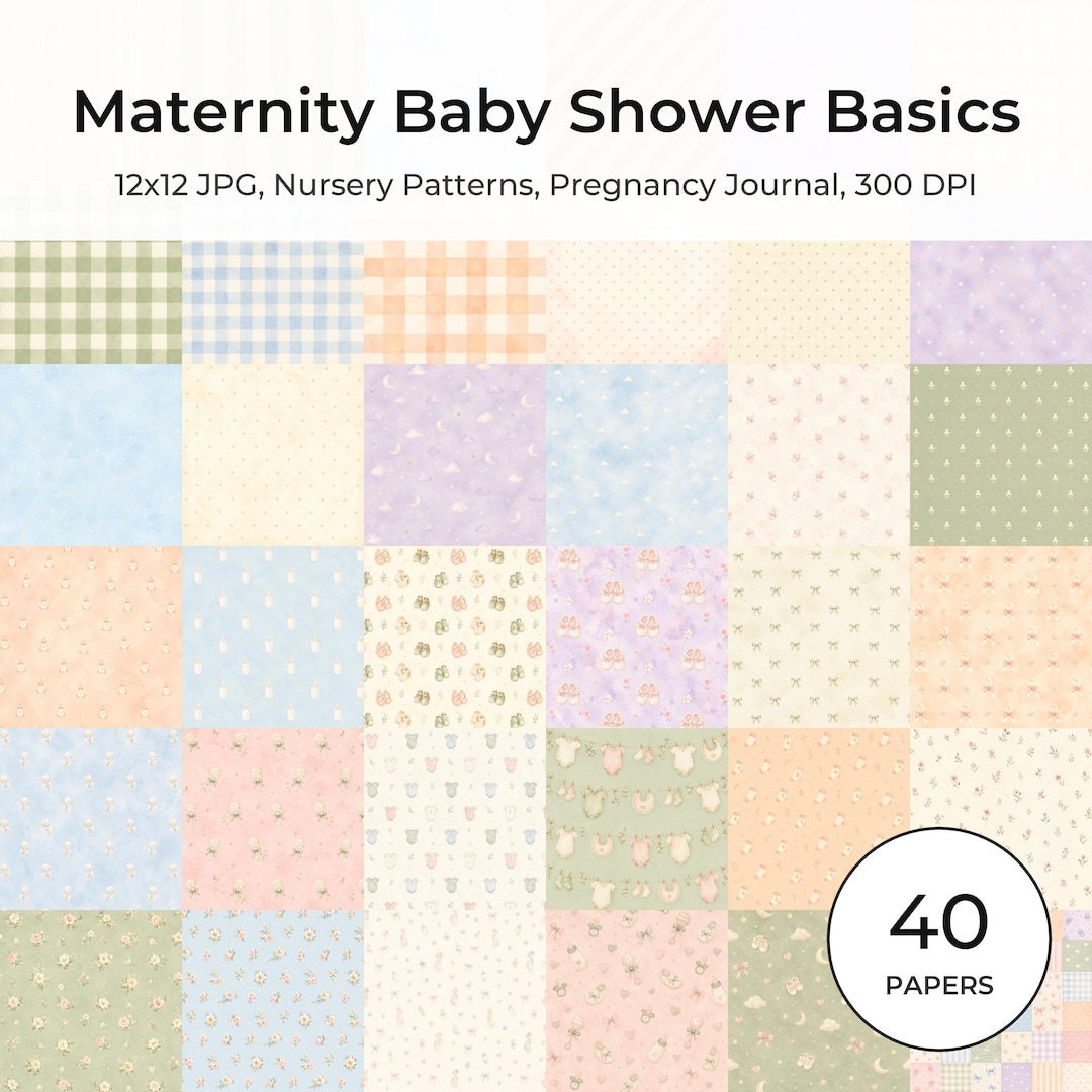 Maternity Baby Shower Digital Paper Pack, 40 Nursery Patterns, Journal Backgrounds (Digital Download)