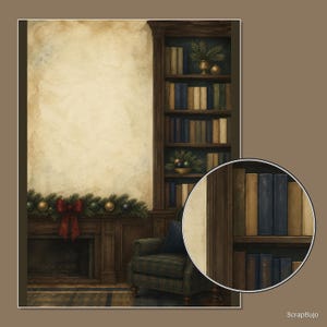 Op de afbeelding: Een digitale illustratie van een bibliotheekinterieur met een open haard versierd met groene dennenkrans en een rode strik, een hoge houten boekenkast vol boeken en een fauteuil met ruitpatroon. Een cirkelvormig inzetstuk toont de ruggen van de boeken.