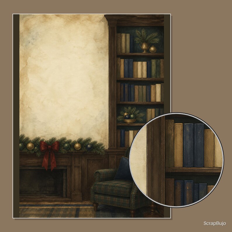 Op de afbeelding: Een digitale illustratie van een bibliotheekinterieur met een open haard versierd met groene dennenkrans en een rode strik, een hoge houten boekenkast vol boeken en een fauteuil met ruitpatroon. Een cirkelvormig inzetstuk toont de ruggen van de boeken.