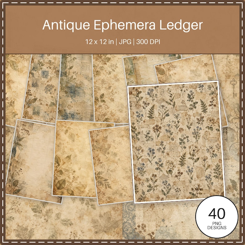 Antique Ephemera Ledger | 40 US Letter Digital Scrapbook Papers image 1