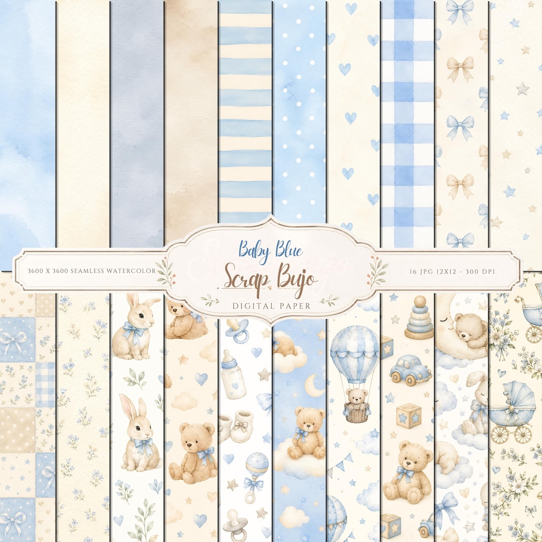 Baby Blue Watercolor Digital Paper Pack, Teddy Bear Bunny Clipart (Digital Download)