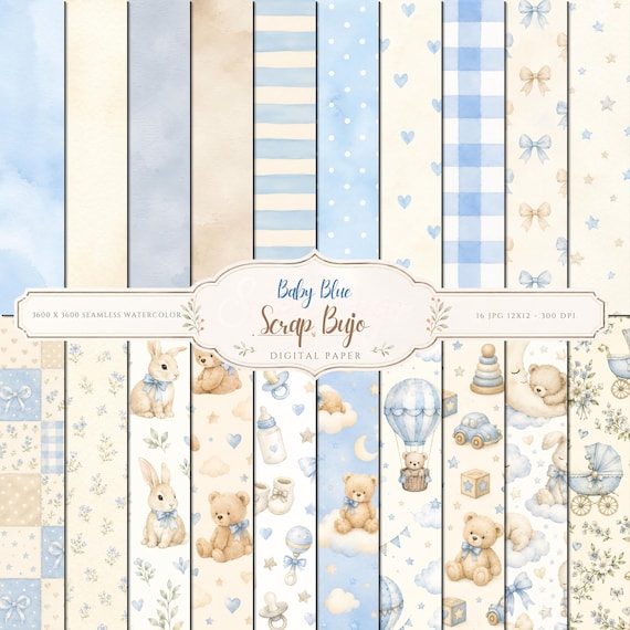 Baby Blue Watercolor Digital Paper Pack, Teddy Bear Bunny Clipart (Digital Download)
