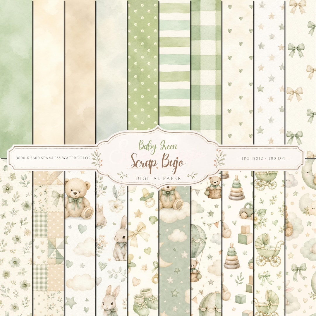 Baby Green Nursery Digital Paper Pack, Watercolor Scrapbook Journal Kit (Digital Download)