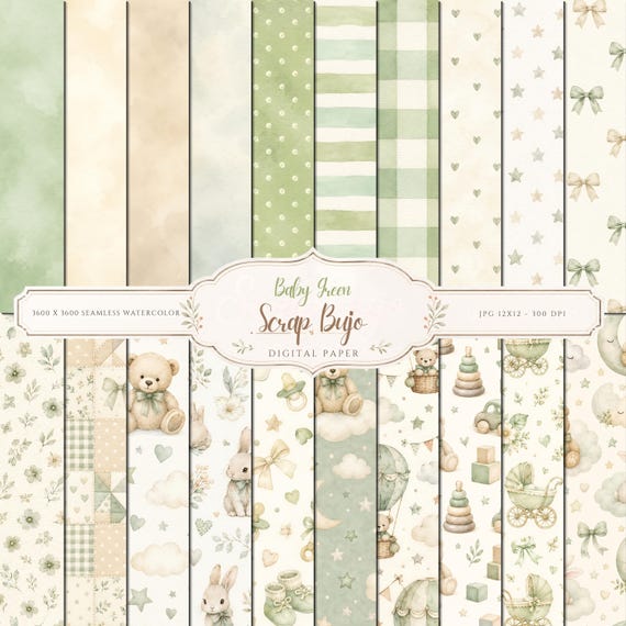 Baby Green Nursery Digital Paper Pack, Watercolor Scrapbook Journal Kit (Digital Download)