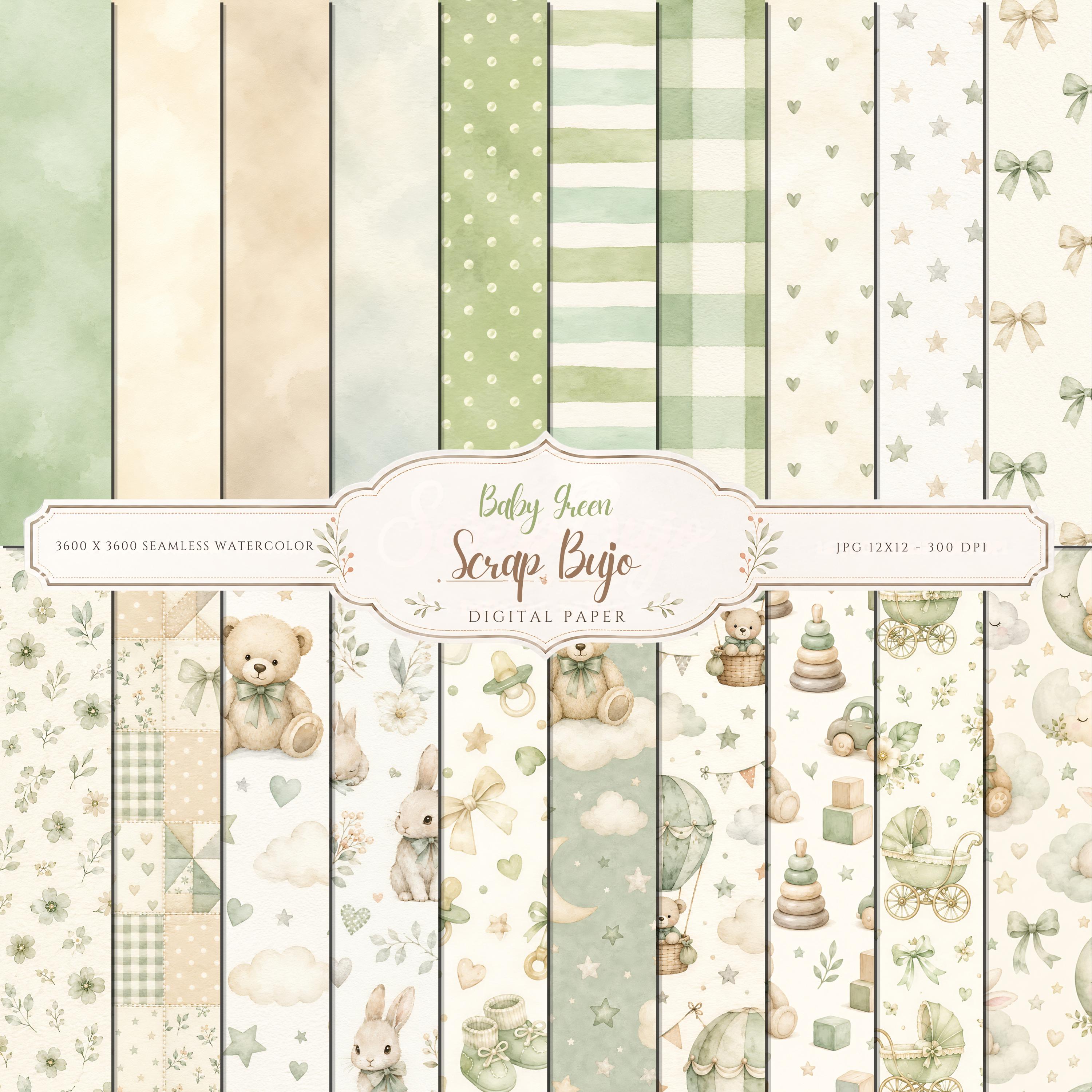 Baby Green Nursery Digital Paper Pack, Watercolor Scrapbook Journal