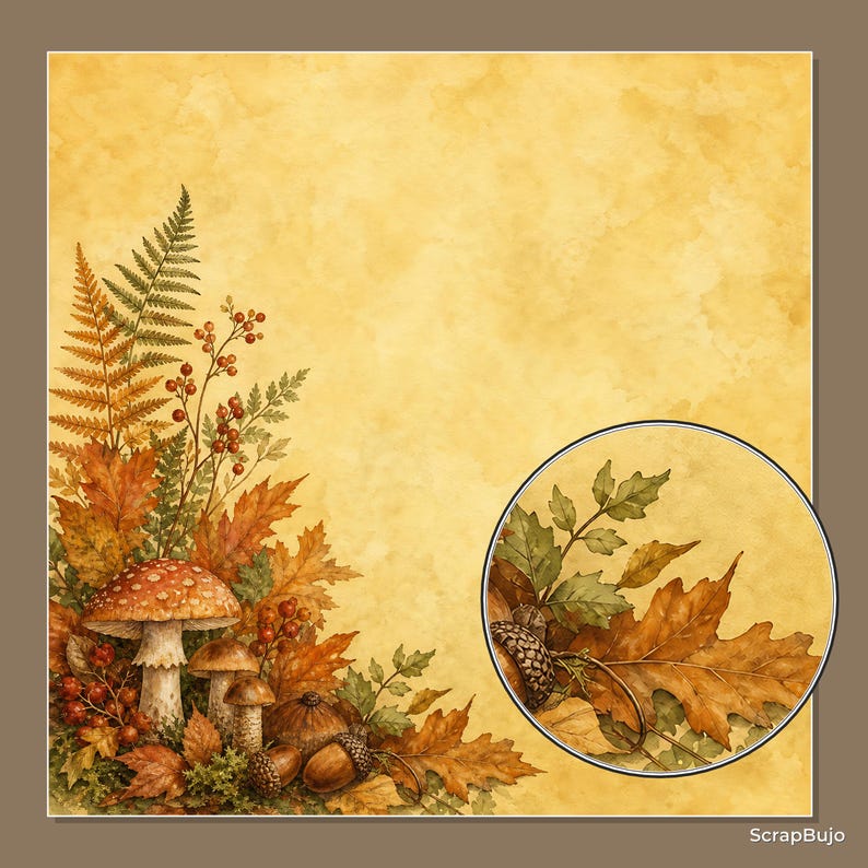 May include: A square digital paper featuring a yellow watercolor background with an autumn-themed illustration in the bottom left corner, including mushrooms, ferns, berries, and acorns. A circular inset shows a magnified view of oak leaves.
