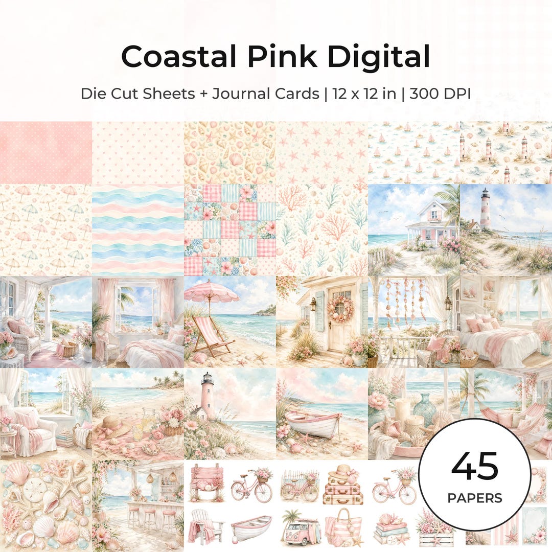 Coastal Pink Watercolor Digital Scrapbook Papers (45 JPG), Beach Cottage Die Cuts (Digital Download)