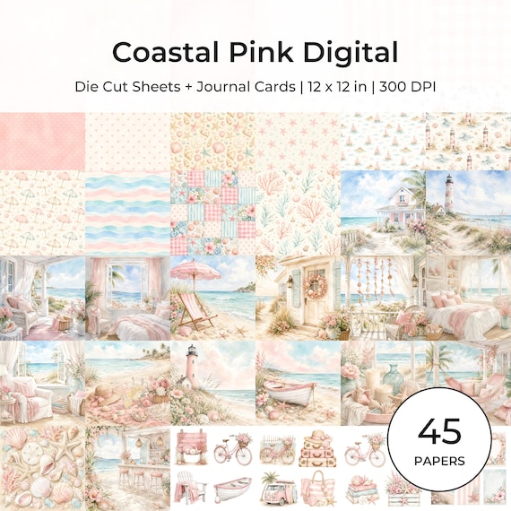 Coastal Pink Watercolor Digital Scrapbook Papers (45 JPG), Beach Cottage Die Cuts (Digital Download)