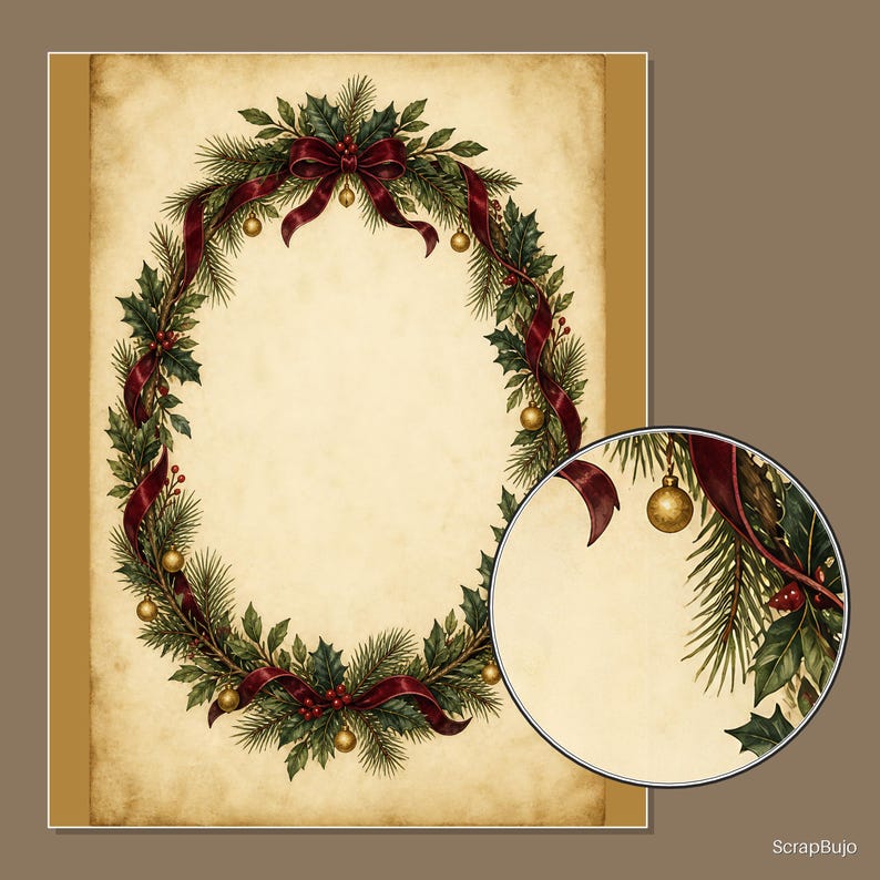Op de afbeelding: Een rechthoekig papier in perkamentstijl met een ovale krans van groene dennennaalden, hulstbladeren, rode bessen en een donkerrood lint. Kleine gouden ornamenten zijn door de krans verspreid. De tekst ScrapBujo is zichtbaar op de afbeelding.