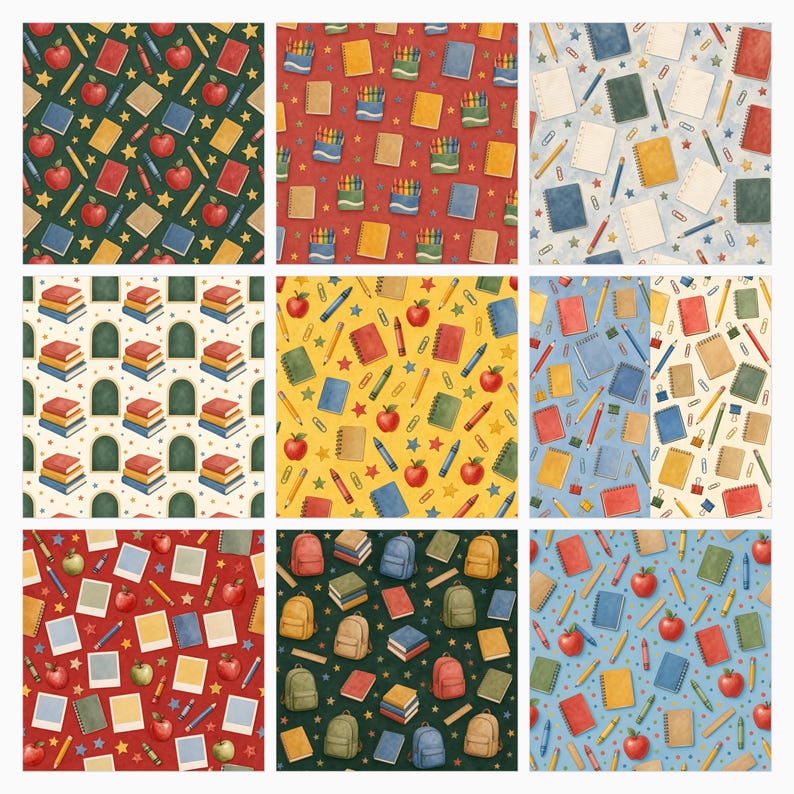 Op de afbeelding: Een verzameling van negen verschillende patronen met illustraties in schoolthema, waaronder rode appels, notitieboekjes, potloden, kleurpotloden, rugzakken en fotolijstjes, gerangschikt in herhalende motieven op diverse achtergronden.